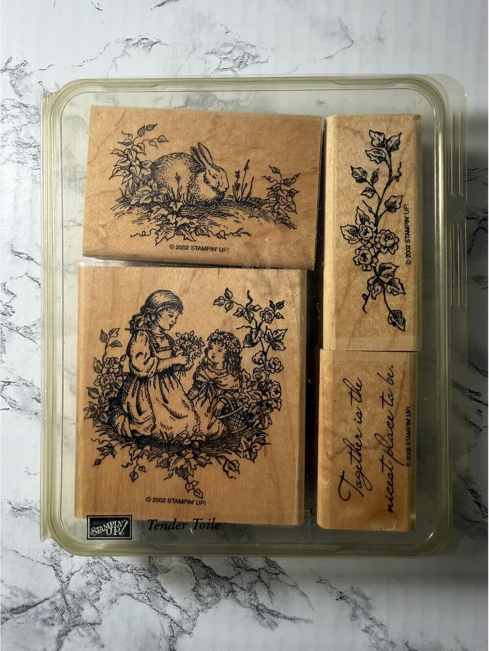 Stampin Up! TENDER TOILE Mounted Stamp Set Unused Girl Rabbit Garden Flowers